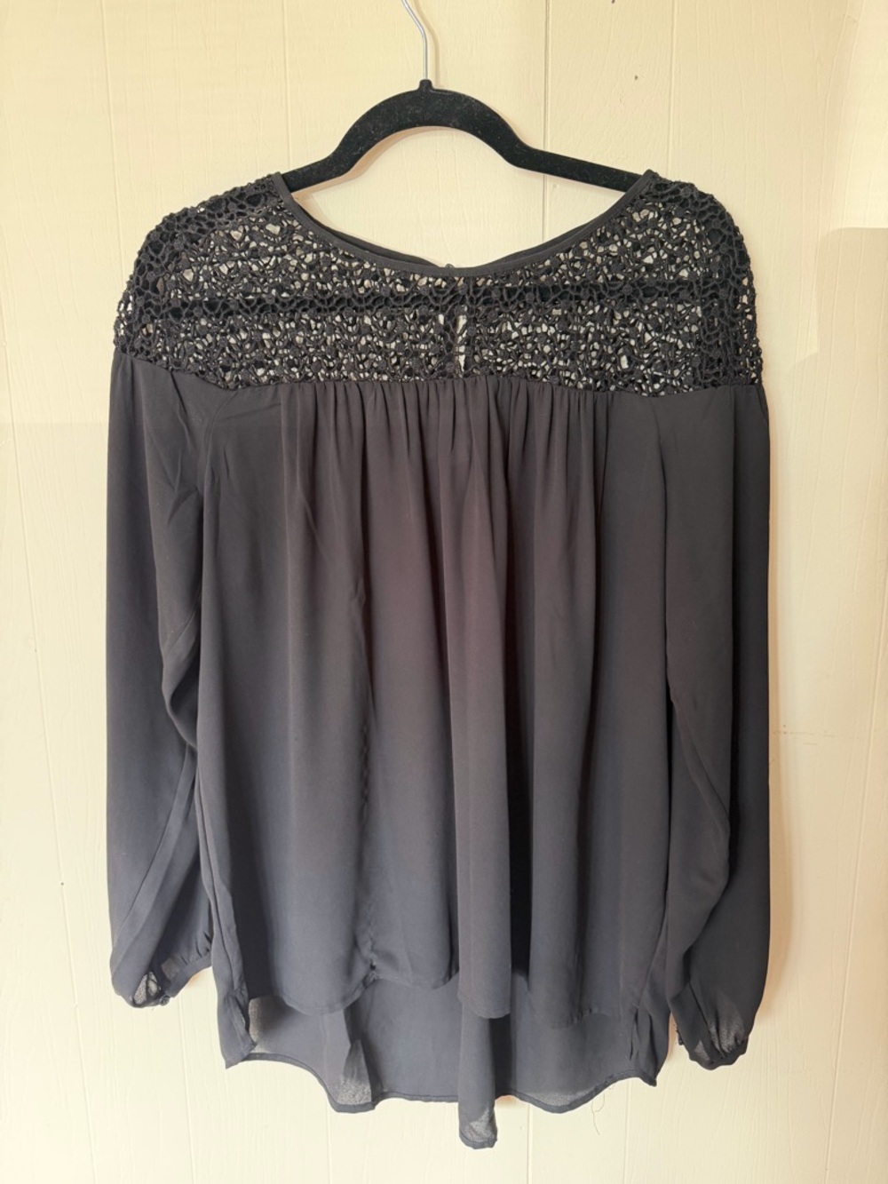 LOFT Black Crochet Yoke Long Sleeve Blouse
